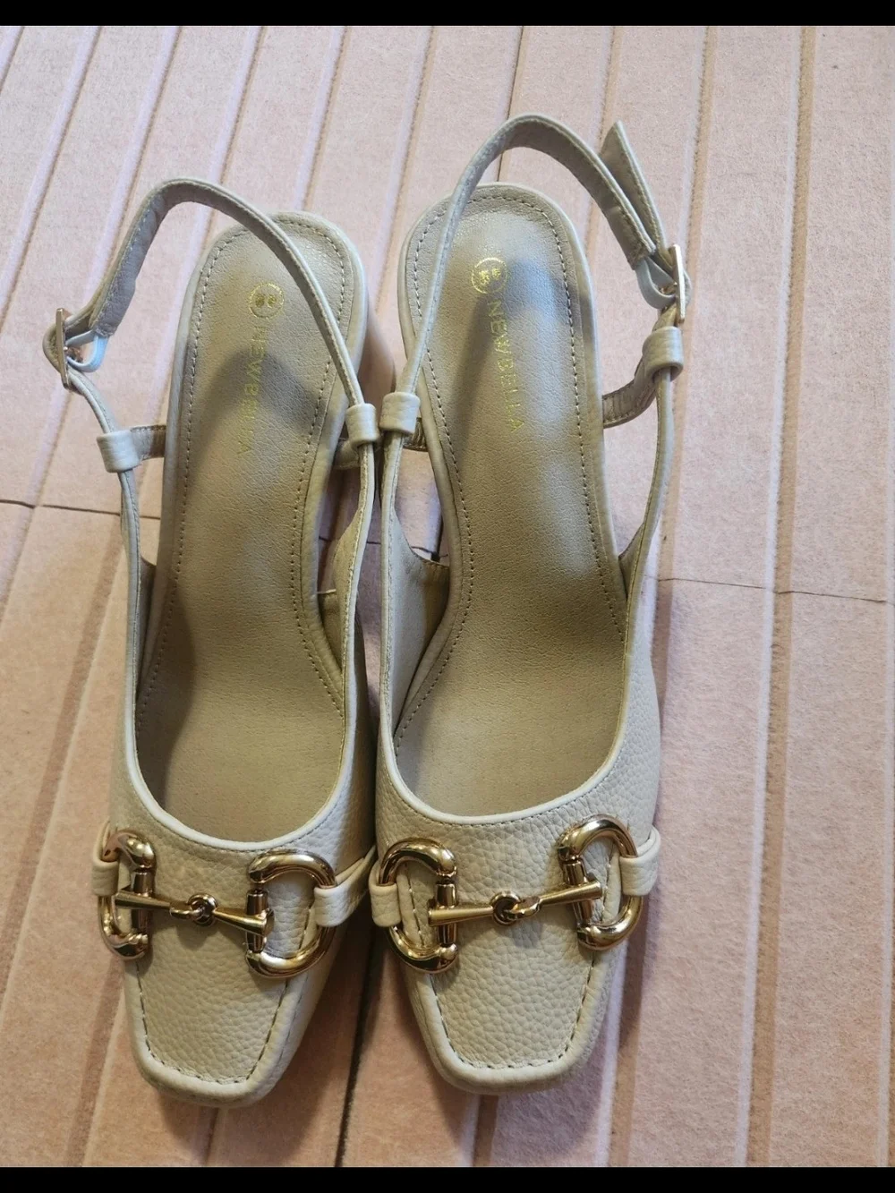 Newbella Cream Slingback Heels with Gold Bit Accent